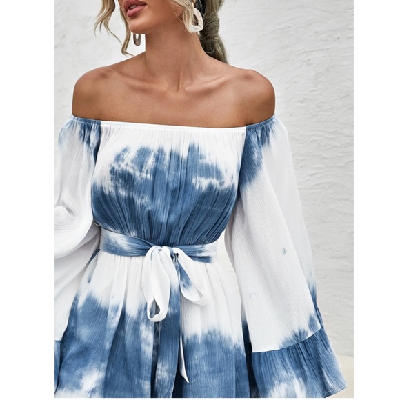 Flared Sleeve Off the Shoulder Tie Dye White Blue Boho Short Romper Belted - Picture 4 of 7